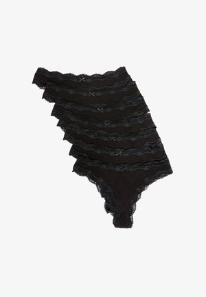 Schwarze String-Tanga mit Spitzenbesatz und geschichteter Wellenmusterung, verziert mit dekorativen Schleifen vorne und strukturiertem Stoff für zusätzlichen Komfort.