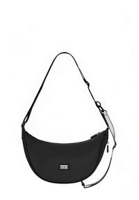 Torba typu hobo w kolorze czarnym, wykonana z gładkiego materiału. Charakteryzuje się zaokrąglonym kształtem, regulowanym paskiem oraz małą metką z logo z przodu.