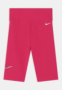 Shorts atletici rosa realizzati in un materiale elastico e liscio. Presentano una cintura ampia e un piccolo logo Nike bianco sul lato sinistro.