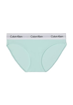 Lichtblauwe slipjes voor dames met een witte tailleband met herhaald zwart "Calvin Klein" logo.