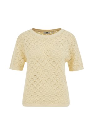 Kremast kratkimi rokavi s pletenim vzorcem diamantnih odprtin in okroglim izrezom, z rebrastimi manšetami in robom.