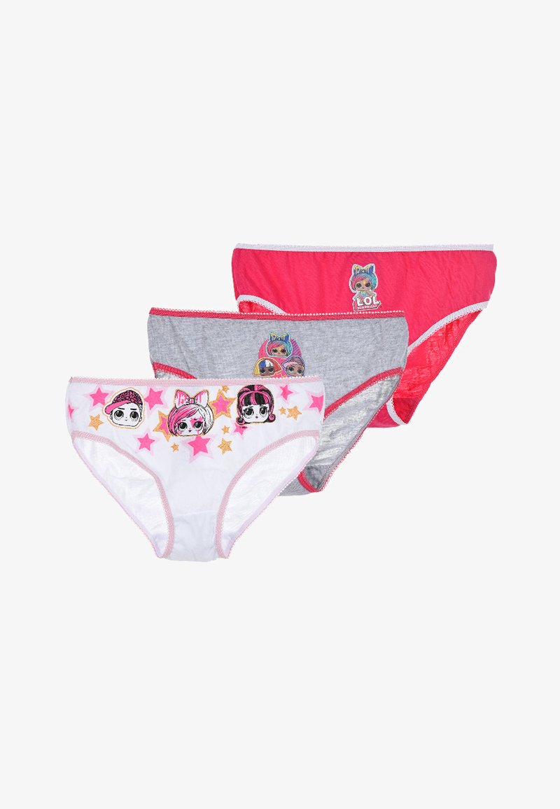 Tre paia di mutandine per bambini: una bianca con disegni di stelle colorate, una grigia con stampe di personaggi e una rosa con un logo.