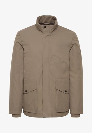 Bežinė vandeniui atspari striukė su aukštu apykakle, dviem priekinėmis kišenėmis ir juodais sagtys. Lygus paviršius su moderniu, šiuolaikišku dizainu.