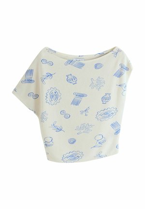 Cremefarbenes Kurzarmhemd mit blauen Linienzeichnungen antiker Säulen, Keramik, Pflanzen und abstrakter Formen, die über den Stoff verstreut sind.