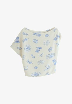 Kermanvärinen lyhythihainen paita, jossa sinisillä viivapiirroksilla kuvattuja antiikin pylväitä, keramiikkaa, kasveja ja abstrakteja muotoja kankaan pinnalla hajallaan.