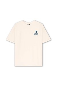 Cream-colored cotton t-shirt with short sleeves, a round neckline, and a blue graphic logo featuring a yin-yang symbol and text on the chest.