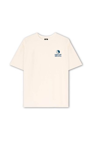Crème-kleurig katoenen t-shirt met korte mouwen, een ronde halslijn en een blauw grafisch logo met een yin-yangsymbool en tekst op de borst.