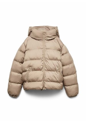Beige pufferjack met een capuchon, voorzien van een rits aan de voorkant, twee zijzakken en elastische manchetten. Soepele, gewatteerde stof.