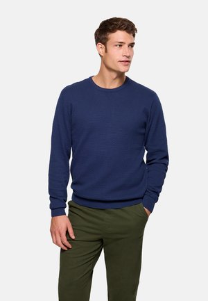 Hombre vestido con un suéter de manga larga azul marino texturizado y pantalones verde oliva, de pie con una mano en el bolsillo, mirando hacia la derecha.