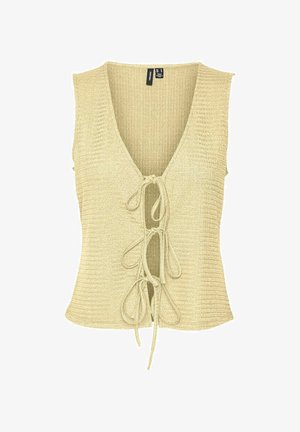 Top sin mangas de punto en dorado claro, con un profundo escote en V y detalle de lazo en la parte frontal. Tejido texturizado con acentos de canalé horizontal.