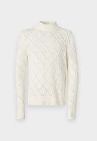 Maglione color crema con colletto alto, caratterizzato da un motivo a treccia a rombi e polsini e orlo a coste. Tessuto morbido, maniche lunghe.
