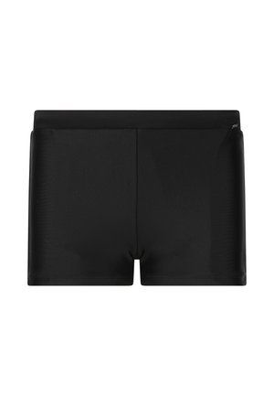 Sorte tætsiddende badeshorts med en glat tekstur og en lige linning, vist forfra mod en hvid baggrund.