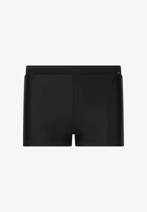 Short de bain noir ajusté avec une texture lisse et une ceinture droite, présenté de face sur un fond blanc.