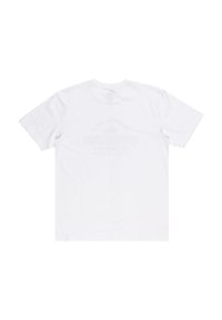 White cotton t-shirt, short sleeves, standard crew neck, features faint printed text on the back, minimalistic design, smooth texture.