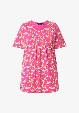 Helles pinkes Kurzarm-Bluse mit rundem Ausschnitt, geraffter Vorderseite und durchgehendem orange-weißem Blumenmuster.