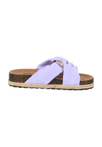 Lila glidsandal med tvinnade tygremmar, en korksula, detaljer i jute rep och en platt gummisula för bra grepp.