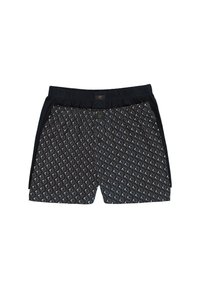Pantaloni da nuoto con tessuto a fantasia navy con design geometrici, vita elastica e accenti laterali neri a tinta unita.