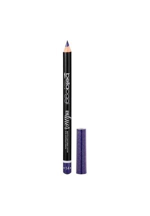 Matita per il contorno occhi viola con punta appuntita, fusto nero con testo bianco e un cappuccio viola scintillante abbinato.