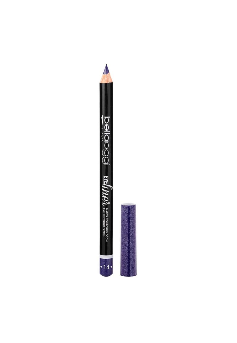 Matita per il contorno occhi viola con punta appuntita, fusto nero con testo bianco e un cappuccio viola scintillante abbinato.