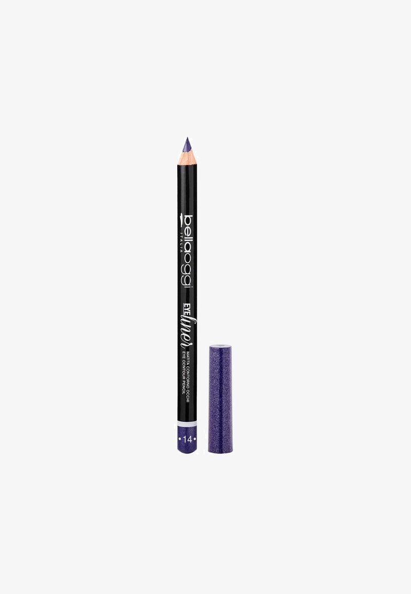 Matita per il contorno occhi viola con punta appuntita, fusto nero con testo bianco e un cappuccio viola scintillante abbinato.