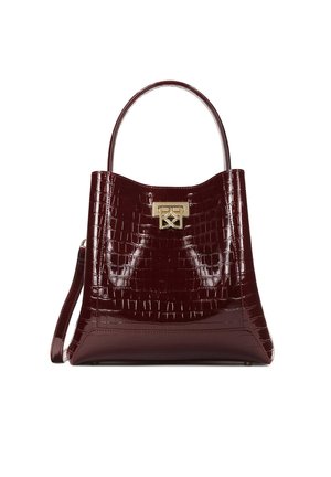 Burgundy patent leather handbag with a crocodile texture, featuring a structured design, gold-tone hardware, and a detachable shoulder strap.