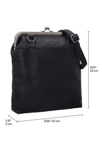 Schwarze Leder-Umhängetasche mit Metall-Kiss-Lock-Verschluss, verstellbarem Riemen und den Maßen 23 cm hoch, 22 cm breit und 5 cm tief.