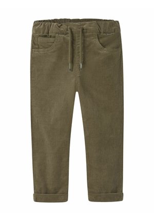 Pantalon en velours côtelé vert olive pour enfants, avec taille élastique, cordon de serrage, deux poches avant et revers pliés.