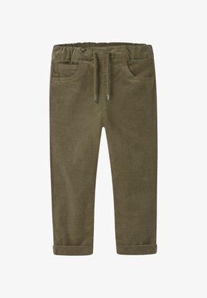 Pantalon en velours côtelé vert olive pour enfants, avec taille élastique, cordon de serrage, deux poches avant et revers pliés.