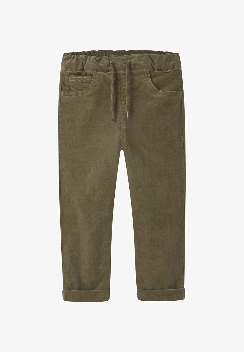 Pantalon en velours côtelé vert olive pour enfants, avec taille élastique, cordon de serrage, deux poches avant et revers pliés.