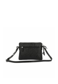 Borsa a tracolla nera in pelle testurizzata, con tasca frontale con zip, tracolla regolabile e sottili dettagli metallici. Design compatto e raffinato.