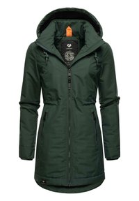 Green insulated parka jacket with a hood, drawstring waist, front zipper, and two side pockets. Features a soft inner lining and contrast accents.