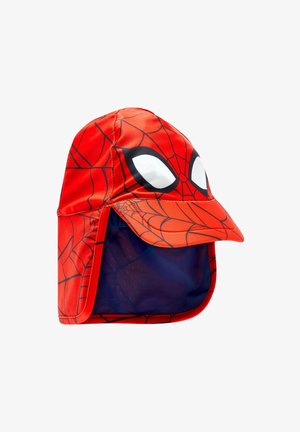 Rote Kappe aus synthetischem Material mit Spider-Man-Design, die große weiße Augen auf der Vorderseite und einen breiten Rand zum Sonnenschutz hat.