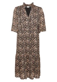 Robe noire à fleurs avec un col à volants, des manches courtes et un ourlet en couches. Elle présente des fleurs roses et crème sur un fond sombre.