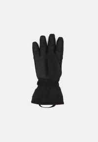 Schwarze isolierte Handschuhe mit glatter Oberfläche, fünf Fingern, elastischem Bündchen und Nahtdetails. Hergestellt aus einer Mischung aus synthetischen Materialien.