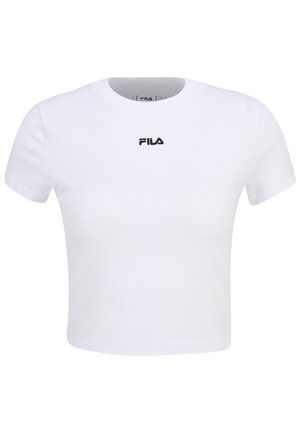 Weißes, kurzes T-Shirt aus Baumwolle, mit einem runden Halsausschnitt und kurzen Ärmeln, mit einem schwarzen FILA-Logo mittig auf der Brust.