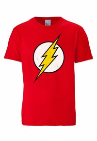 Red cotton t-shirt featuring a white circular emblem with a yellow lightning bolt. Short sleeves and crew neck design.