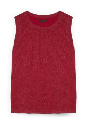 Rode mouwloze gebreide sweatervest met een ronde hals en gestructureerde stof.