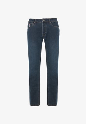 Jeans in denim blu scuro con taglio dritto, dotati di tasche frontali, chiusura con bottone e cuciture a contrasto lungo le cuciture.