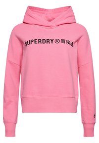 Růžová mikina z bavlněné směsi; má stažitelnou kapuci, ribbené manžety a čelní grafický potisk v černé barvě.