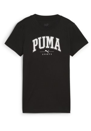 Czarna bawełniana koszulka z krótkim rękawem z wyraźnym białym logo "PUMA" oraz tekstem "SPORTS" w wystającym, zaokrąglonym designie na przodzie.