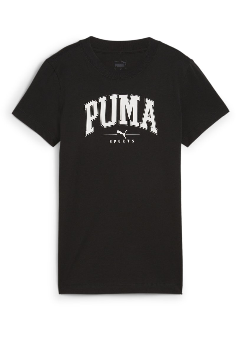 Camiseta de algodón negra con un destacado logo blanco de "PUMA" y el texto "SPORTS" en un diseño audaz y arqueado en el frente. Manga corta.