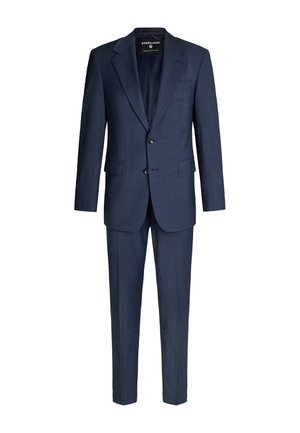 Costume bleu marine en tissu texturé, comprenant un blazer à boutonnage simple avec des revers crantés et un pantalon ajusté assorti.