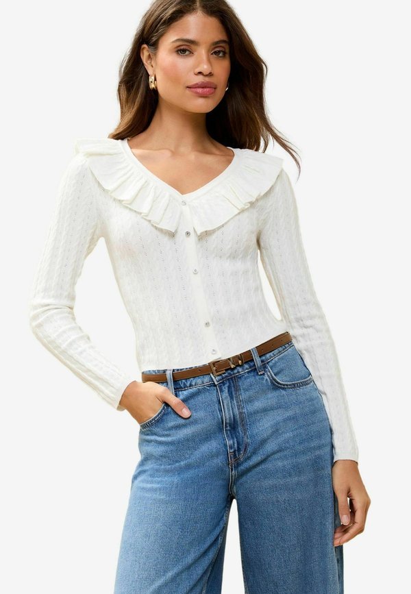 RUFFLE FRONT V-NECK POINTELLE DETAIL CABLE  - Strickjacke - ivory