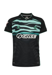 Svart och turkos idrottströja med vågmönster, kort ärm och en subtil texturerad front. Inkluderar en logotyp och sponsortext.