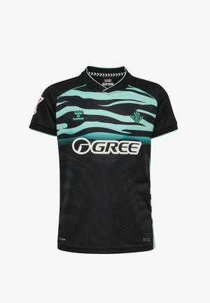 Schwarzes und türkisfarbenes Sporttrikot mit Wellenmuster, kurzen Ärmeln und einer dezenten strukturierten Vorderseite. Enthält ein Logo und Sponsoren-Text.