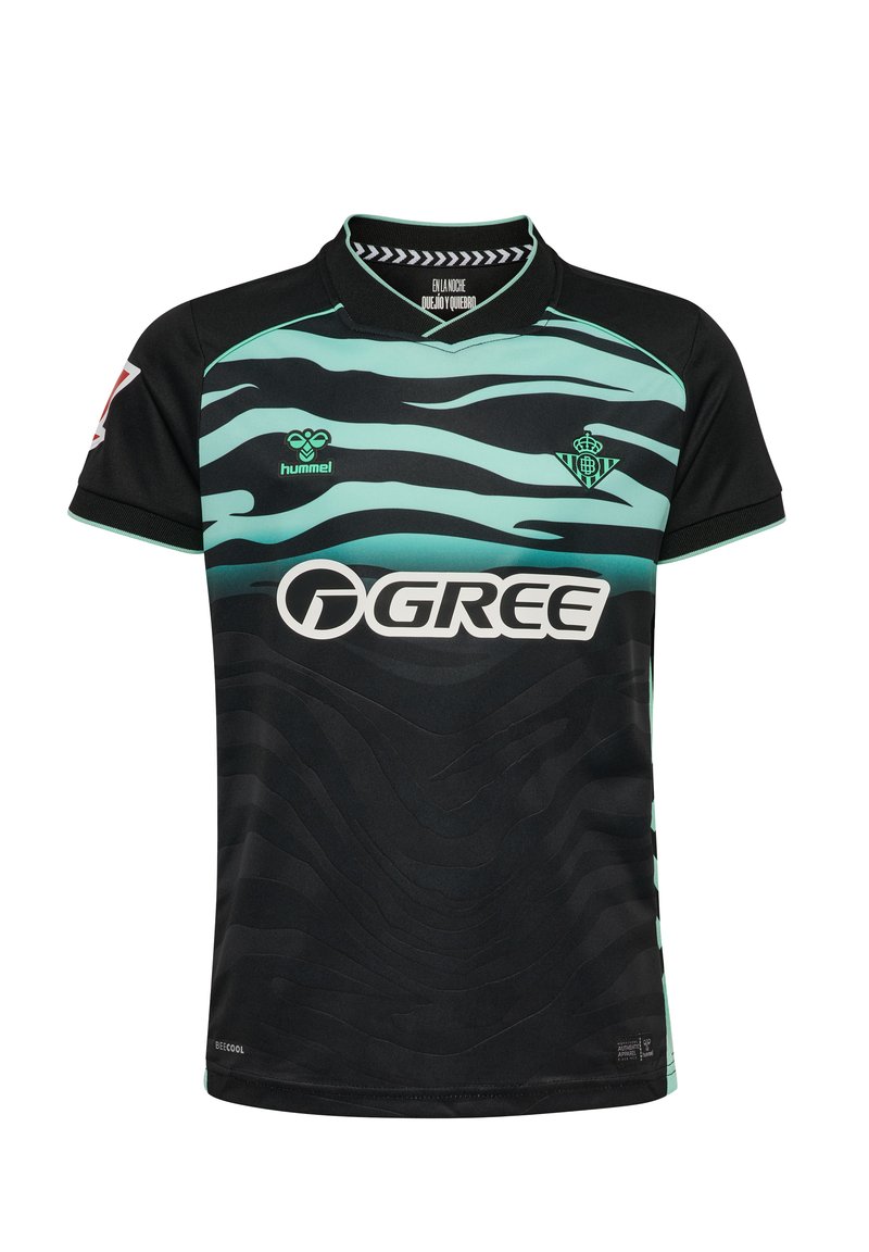 Svart och turkos idrottströja med vågmönster, kort ärm och en subtil texturerad front. Inkluderar en logotyp och sponsortext.