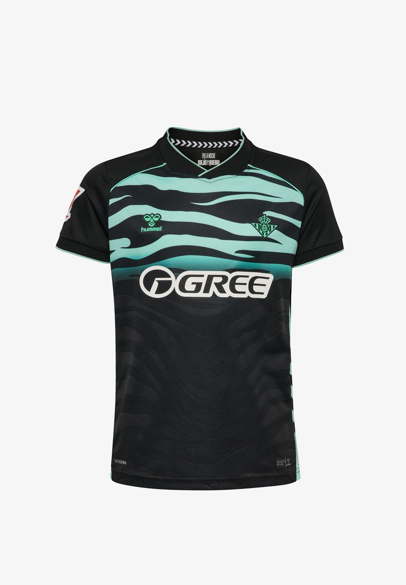 Zwart en teal sportshirt met een golfpatroon, korte mouwen en een subtiele textuur aan de voorkant. Inclusief een logo en sponsortekst.