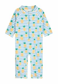 Kurzarmschwimsuit aus dehnbarem Stoff, mit einem blau-weißen Streifenmuster, das gelbe Ananas und grüne Blätter zeigt, mit Reißverschluss vorne.
