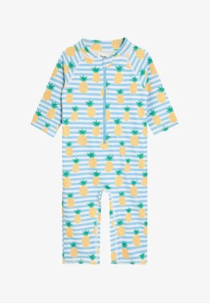 Kostium kąpielowy z krótkim rękawem wykonany z elastycznego materiału, z niebiesko-białym paskowanym wzorem oraz żółtymi ananasami i zielonymi liśćmi, z zamkiem z przodu.