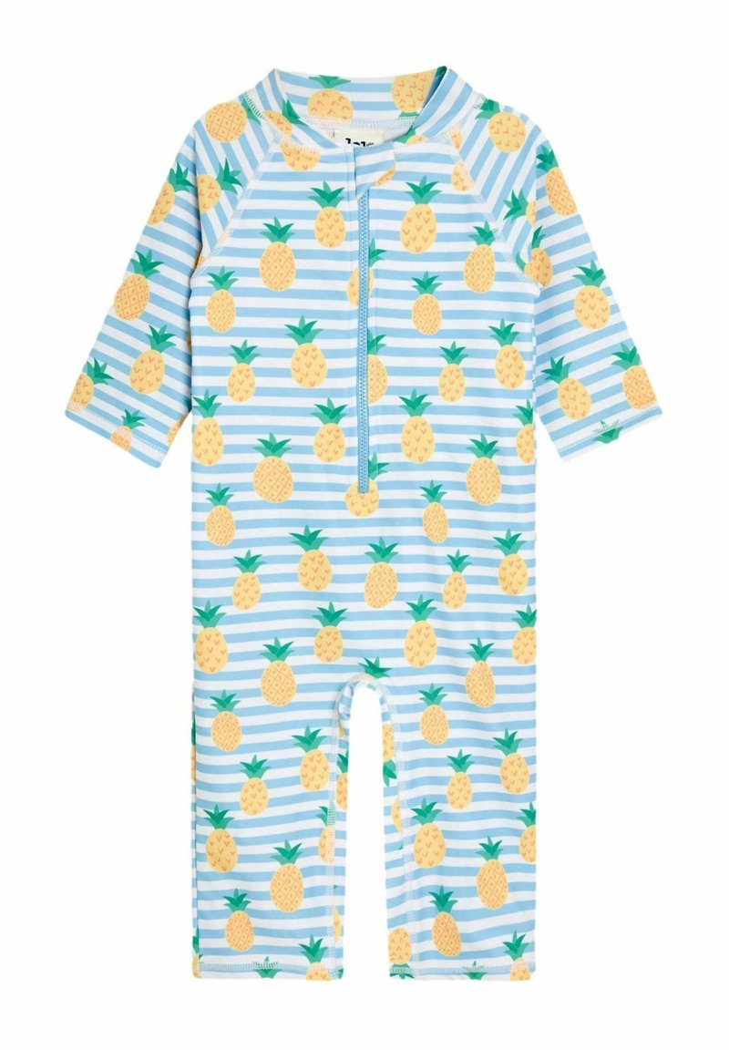 Kurzarmschwimsuit aus dehnbarem Stoff, mit einem blau-weißen Streifenmuster, das gelbe Ananas und grüne Blätter zeigt, mit Reißverschluss vorne.